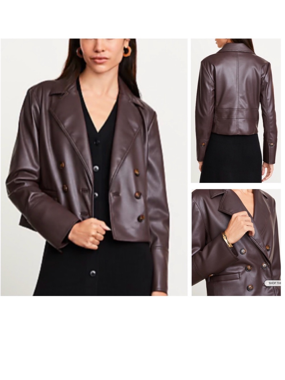 LOFT Faux Leather Cropped Double Breasted Blazer Iced Espresso Petite XSP EUC